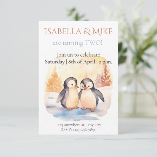 Watercolor Tweeling Feest Uitnodiging Bewerkbaar  (Staand voorkant)