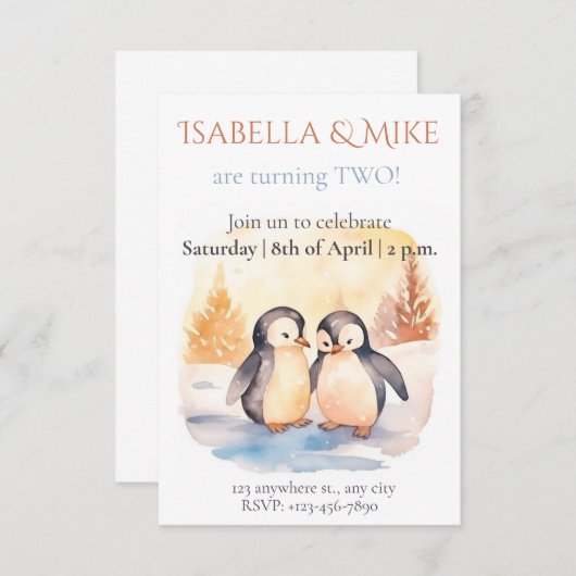 Watercolor Tweeling Feest Uitnodiging Bewerkbaar  (Voorkant / Achterkant)