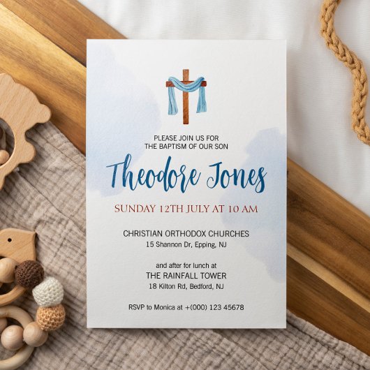 Watercolor Uitnodigingskaart Jongensdoop Kaart