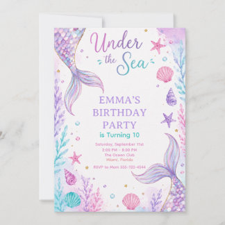 Watercolor Under the Sea Mermaid Birthday Invitati Kaart