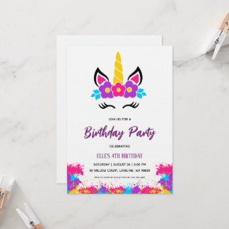 watercolor unicorn rainbow birthday invitation kaart