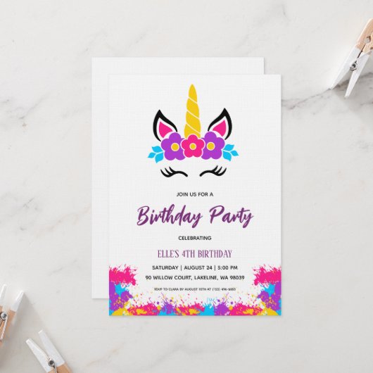 watercolor unicorn rainbow birthday invitation kaart (Voorkant / Achterkant in situ)