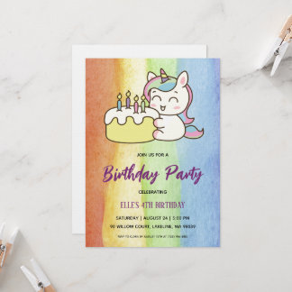 watercolor unicorn rainbow birthday invitation kaart