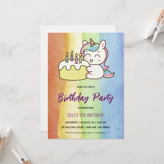 watercolor unicorn rainbow birthday invitation kaart (Voorkant / Achterkant in situ)