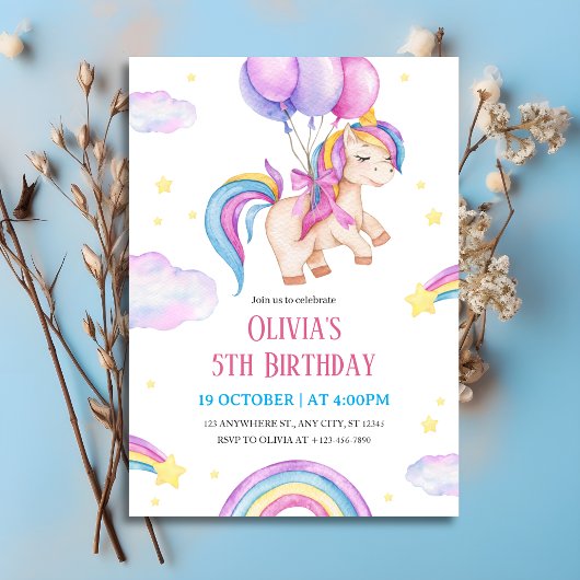 Watercolor Unicorn & Rainbows Birthday Kaart