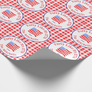 Watercolor USA Vlag Feest 1776 Blauw Rood Geruit  Cadeaupapier