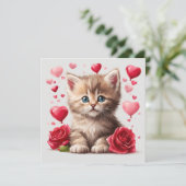 Watercolor Valentijnsdag Kitten met Rozen  Feestdagenkaart (Staand voorkant)