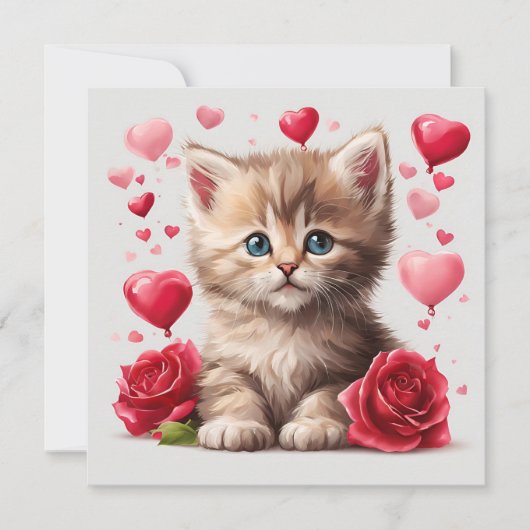Watercolor Valentijnsdag Kitten met Rozen  Feestdagenkaart (Voorkant)