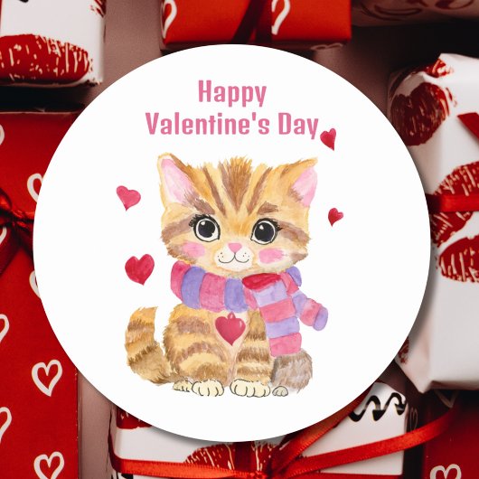 Watercolor Valentijnsdag Kitty Ronde Sticker