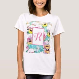 Watercolor van roze viooltjes met aanpasbaar monog t-shirt
