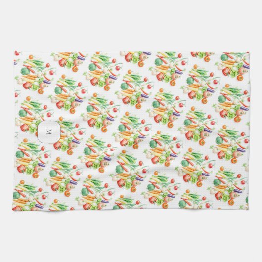 Watercolor vegetables pattern monogrammed theedoek (Horizontaal)