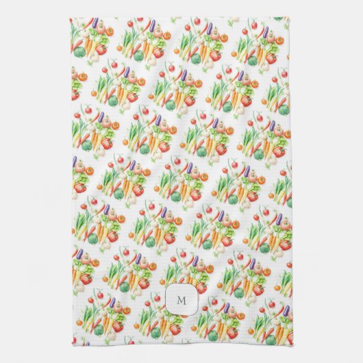 Watercolor vegetables pattern monogrammed theedoek (Verticaal)