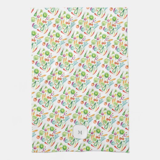 Watercolor vegetables pattern monogrammed theedoek (Verticaal)