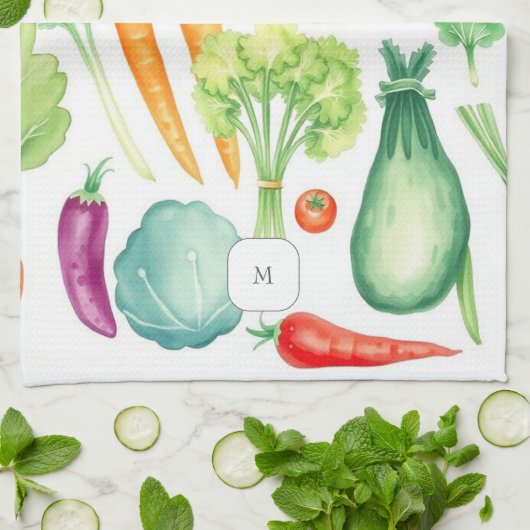 Watercolor vegetables pattern monogrammed theedoek (Gevouwen)