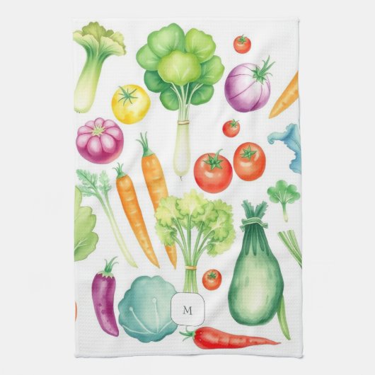 Watercolor vegetables pattern monogrammed theedoek (Verticaal)