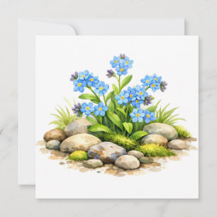 Watercolor vergeet-mij-niet bloemen bij de rotsen kaart