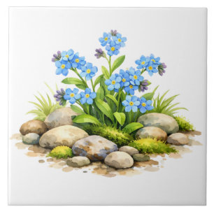 Watercolor vergeet-mij-niet bloemen bij de rotsen tegeltje