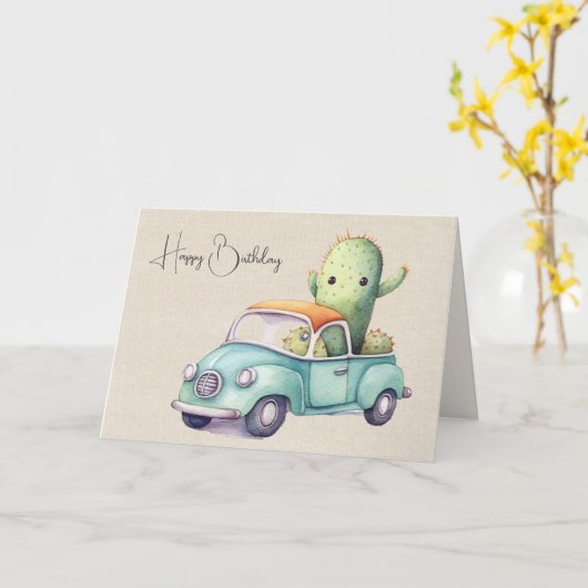 Watercolor verjaardag Cacti in retro vrachtwagen Kaart (Gele Bloem)