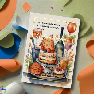 Watercolor Verjaardag Wijn Cake Eten Folie Uitnodiging