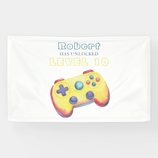 Watercolor videospel kinderen verjaardag spandoek (Horizontaal)
