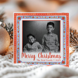 Watercolor Vintage Bloemendecor Rood & Blauw Foto Feestdagenkaart