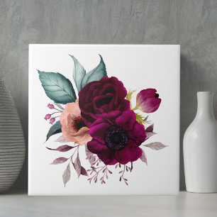 Watercolor Vintage Boho Paarse Bloemen Bloemstuk Tegeltje