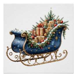 Watercolor Vintage Christmas Sleigh Perfect Poster