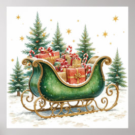 Watercolor Vintage Christmas Sleigh Poster