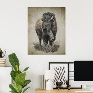 Watercolor vintage look bizon buffel dier kunst poster