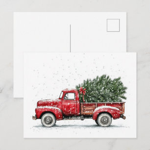 Watercolor Vintage Rode Truck Kerstmis  Briefkaart