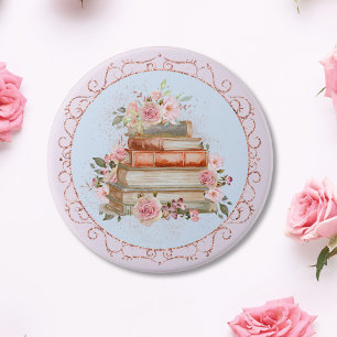 Watercolor Vintage Roze Rozen en Boeken Bloemstuk Ronde Button 7,6 Cm