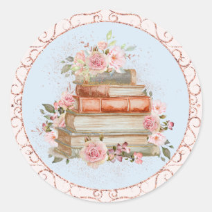 Watercolor Vintage Roze Rozen en Boeken Bloemstuk Ronde Sticker