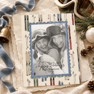 Watercolor Vintage Ski Familie Foto Kerstmis Feestdagenkaart