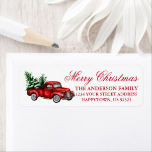 Watercolor Vintage Truck Red Christmas Address Etiket