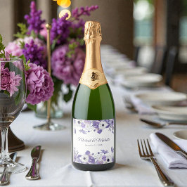 Watercolor Violet Purple Flowers Wedding Sparkling Wijnetiket