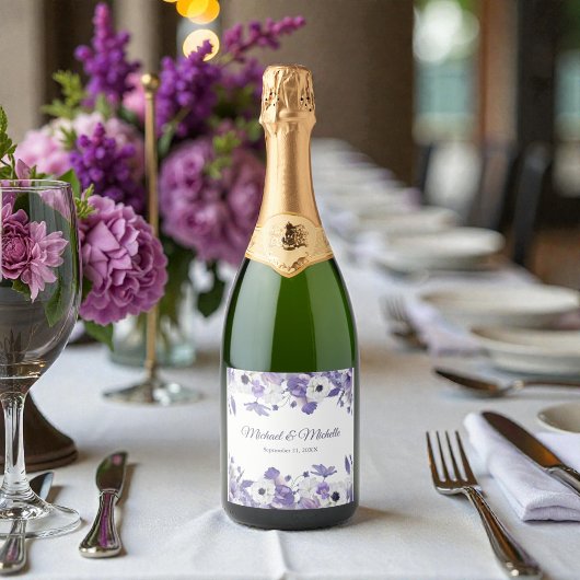 Watercolor Violet Purple Flowers Wedding Sparkling Wijnetiket