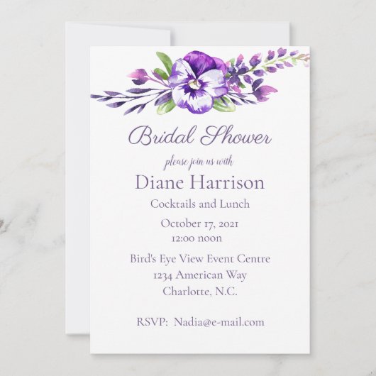 Watercolor Viooltje Bruidsfeestje Kaart (Voorkant)