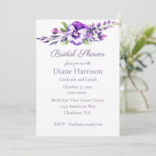 Watercolor Viooltje Bruidsfeestje Kaart (Staand voorkant)