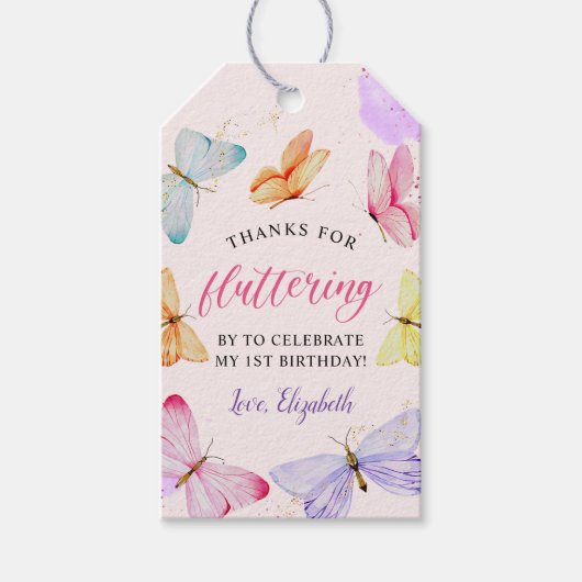 Watercolor Vlinder 1e Verjaardag  Cadeaulabel (Voorkant)