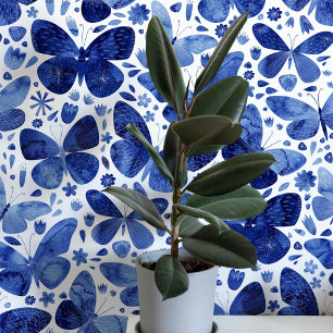 Watercolor Vlinder Blauw en Wit Kunst Behang