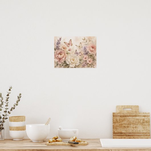 Watercolor Vlinder & Bloemposter Poster (Keuken)