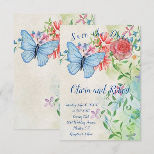 Watercolor vlinder en rode roos plat kaart (Voorkant / Achterkant)