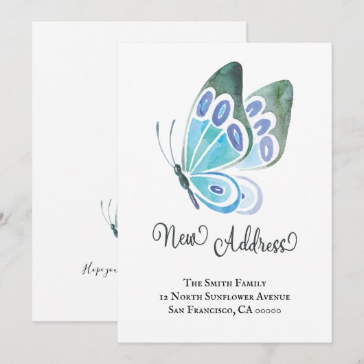 Watercolor Vlinder Nieuw Thuis Nieuw Adres Aankondiging (Voorkant / Achterkant)