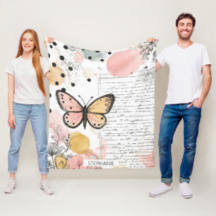 Watercolor Vlinder Roze Goud Boho Natuur Kunst (1) Fleece Deken