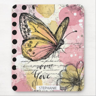 Watercolor Vlinder Roze Goud Boho Natuur Kunst (2) Muismat