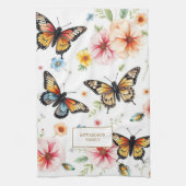 Watercolor vlinders anemoon monogram naam theedoek (Verticaal)