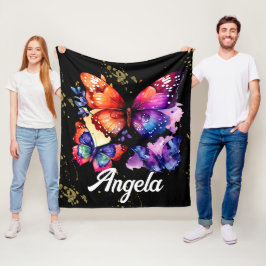 Watercolor Vlinders Kleurrijke Nep Goud Naam Fleece Deken
