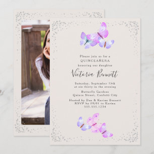 Watercolor Vlinders Portret Foto Quinceanera Kaart