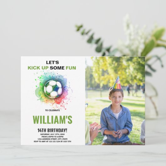 Watercolor Voetbal Verjaardagsuitnodiging met Foto Kaart (Staand voorkant)