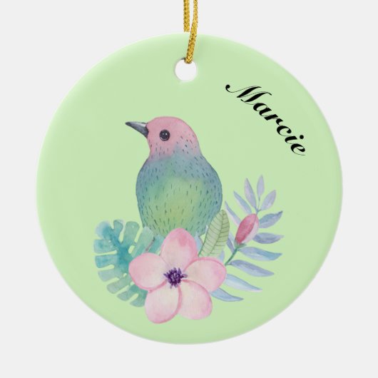 Watercolor vogel en bloem keramisch ornament (Voorkant)